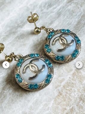 Upcycled Gold & White Drop Earrings with Teal Crystals handmade